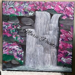 Pink and Gray Waterfall Painting with Floral Accents